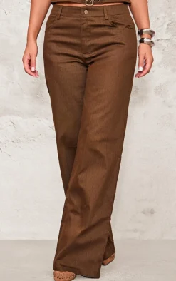 Clearance PrettyLittleThing Premium Twill Mid Rise Wide Leg Pant Chocolate