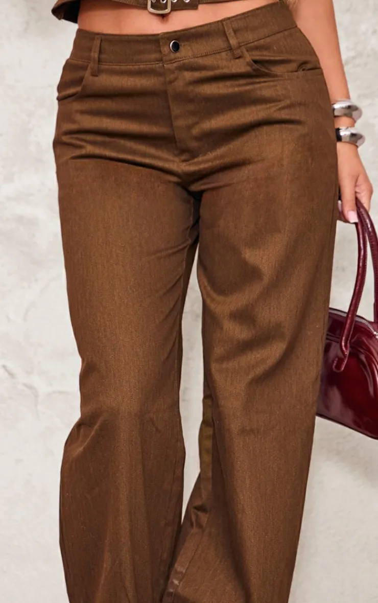 Clearance PrettyLittleThing Premium Twill Mid Rise Wide Leg Pant Chocolate