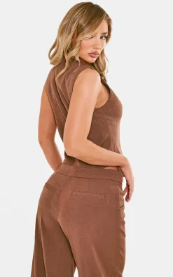 Online PrettyLittleThing Premium Woven Zip Up Detail Sleeveless Top Chocolate