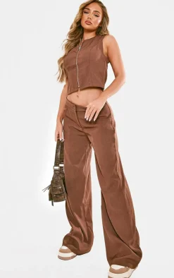 Online PrettyLittleThing Premium Woven Zip Up Detail Sleeveless Top Chocolate