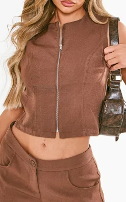 Online PrettyLittleThing Premium Woven Zip Up Detail Sleeveless Top Chocolate