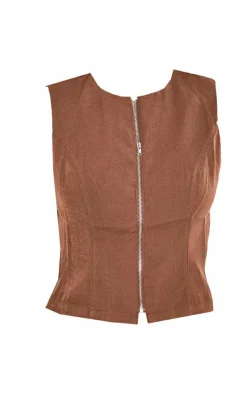 Online PrettyLittleThing Premium Woven Zip Up Detail Sleeveless Top Chocolate
