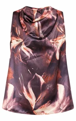 Sale PrettyLittleThing Printed Satin Open Back Longline Top Chocolate