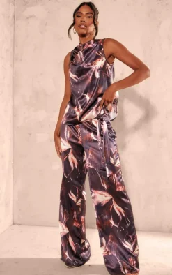 PrettyLittleThing Printed Satin Tailored Belted Wide Leg Pants Chocolate