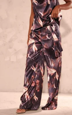 PrettyLittleThing Printed Satin Tailored Belted Wide Leg Pants Chocolate