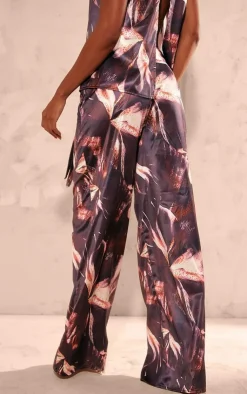 PrettyLittleThing Printed Satin Tailored Belted Wide Leg Pants Chocolate