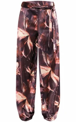 PrettyLittleThing Printed Satin Tailored Belted Wide Leg Pants Chocolate