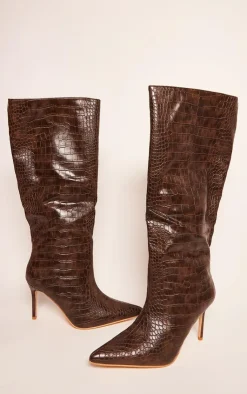 PrettyLittleThing Knee High Boots*PU Croc Detail Point Toe Stiletto Heeled Knee Boots