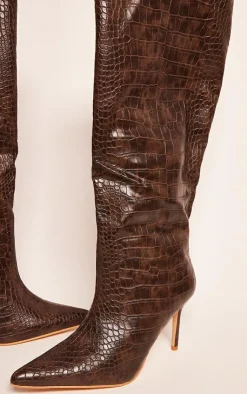 PrettyLittleThing Knee High Boots*PU Croc Detail Point Toe Stiletto Heeled Knee Boots