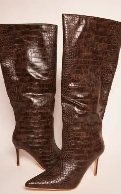 PrettyLittleThing Knee High Boots*PU Croc Detail Point Toe Stiletto Heeled Knee Boots