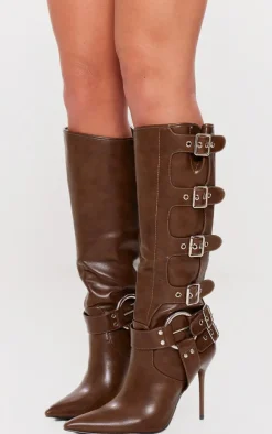 PrettyLittleThing High Heels*PU Point Toe Buckle Detail Knee High Heeled Boots