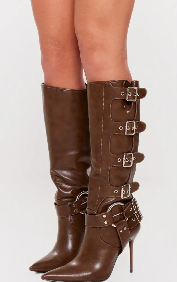 PrettyLittleThing High Heels*PU Point Toe Buckle Detail Knee High Heeled Boots