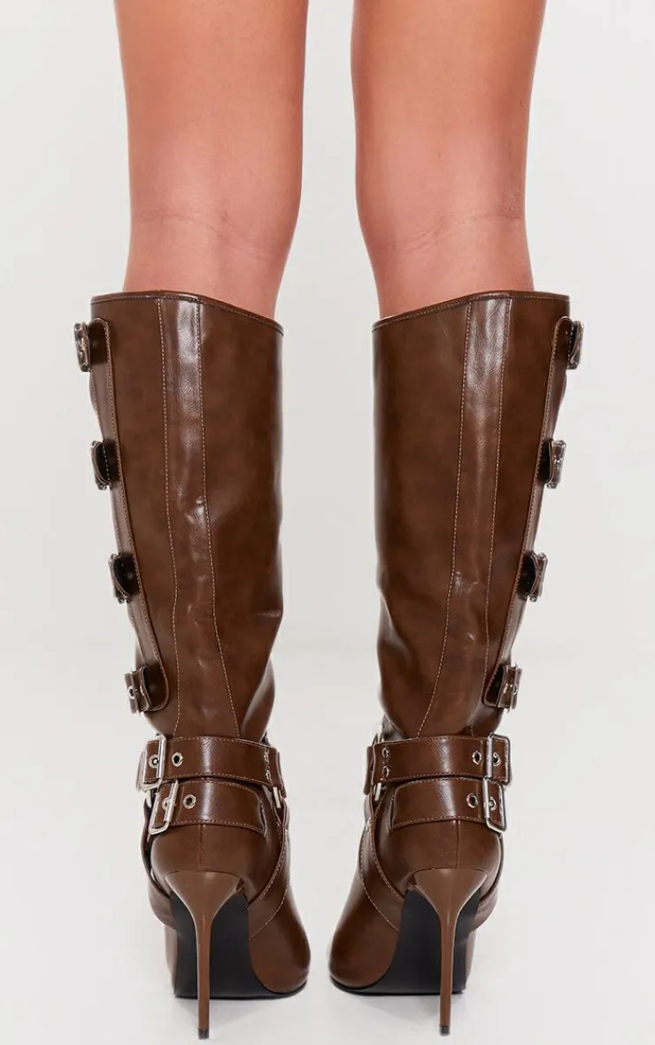 PrettyLittleThing High Heels*PU Point Toe Buckle Detail Knee High Heeled Boots