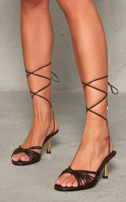 PrettyLittleThing Lace Up Heels*PU Round Toe Know Strap Detail Lace Up Heeled Sandals