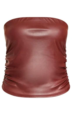 Outlet PrettyLittleThing Pu Ruched Side Detail Longline Bandeau Chocolate