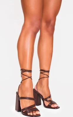PrettyLittleThing Mid Heels*Chocolate Pu Square Toe Strappy Lace Up Block Heeled Sandals