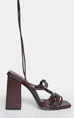 PrettyLittleThing Mid Heels*Chocolate Pu Square Toe Strappy Lace Up Block Heeled Sandals
