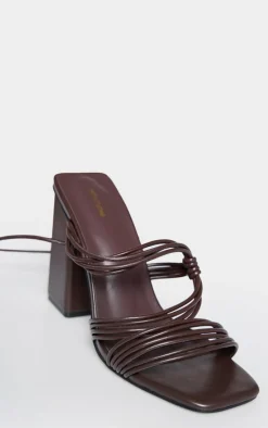 PrettyLittleThing Mid Heels*Chocolate Pu Square Toe Strappy Lace Up Block Heeled Sandals