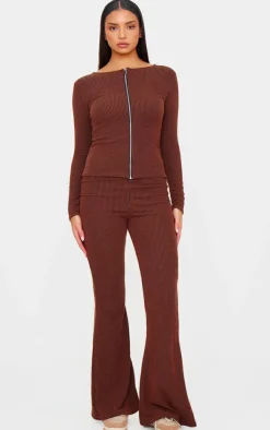 Discount PrettyLittleThing Rib High Waisted Flares Chocolate