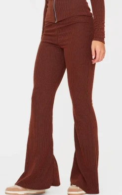 Discount PrettyLittleThing Rib High Waisted Flares Chocolate