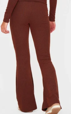 Discount PrettyLittleThing Rib High Waisted Flares Chocolate