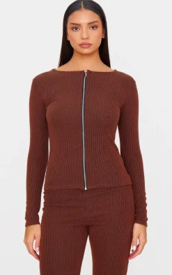 Discount PrettyLittleThing Rib High Waisted Flares Chocolate