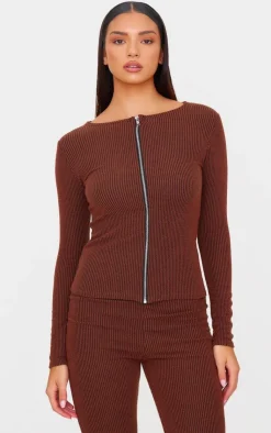 Outlet PrettyLittleThing Rib Longline Zip Up Top Chocolate
