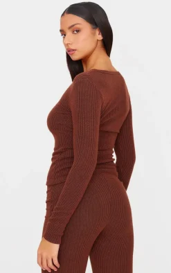 Outlet PrettyLittleThing Rib Longline Zip Up Top Chocolate
