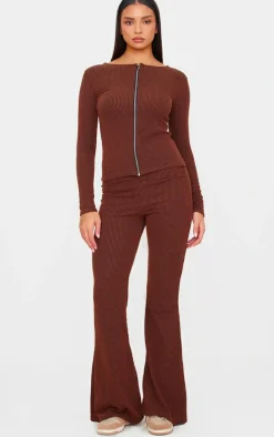 Outlet PrettyLittleThing Rib Longline Zip Up Top Chocolate