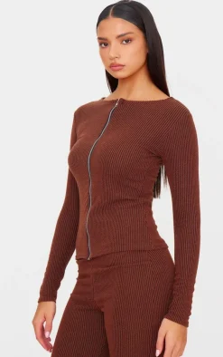 Outlet PrettyLittleThing Rib Longline Zip Up Top Chocolate