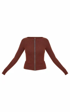 Outlet PrettyLittleThing Rib Longline Zip Up Top Chocolate