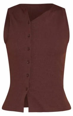 Clearance PrettyLittleThing Ribbed Asymmetric Button Detail Vest Top Chocolate