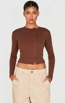 PrettyLittleThing Christmas Shop*Chocolate Ribbed Aysmmetric Button Down Fitted Long Sleeve Top