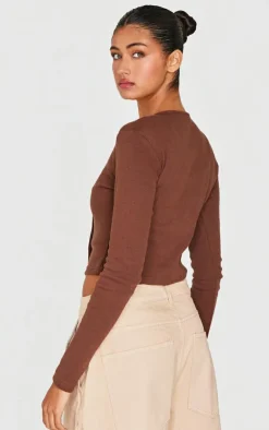 PrettyLittleThing Christmas Shop*Chocolate Ribbed Aysmmetric Button Down Fitted Long Sleeve Top