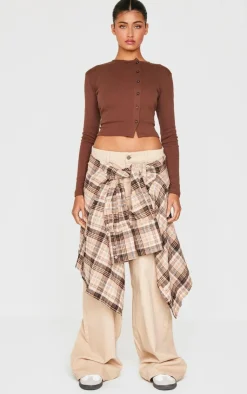 PrettyLittleThing Christmas Shop*Chocolate Ribbed Aysmmetric Button Down Fitted Long Sleeve Top