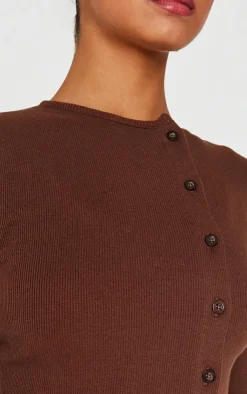 PrettyLittleThing Christmas Shop*Chocolate Ribbed Aysmmetric Button Down Fitted Long Sleeve Top