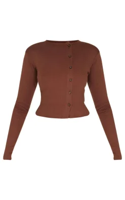 PrettyLittleThing Christmas Shop*Chocolate Ribbed Aysmmetric Button Down Fitted Long Sleeve Top