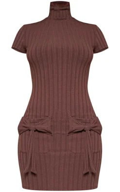 Ribbed High Neck Bow Detail Bodycon Dress-PrettyLittleThing Discount