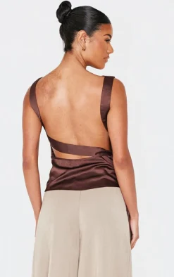 Chocolate Satin Backless Long Top-PrettyLittleThing