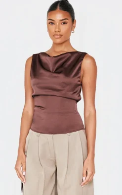 Chocolate Satin Backless Long Top-PrettyLittleThing
