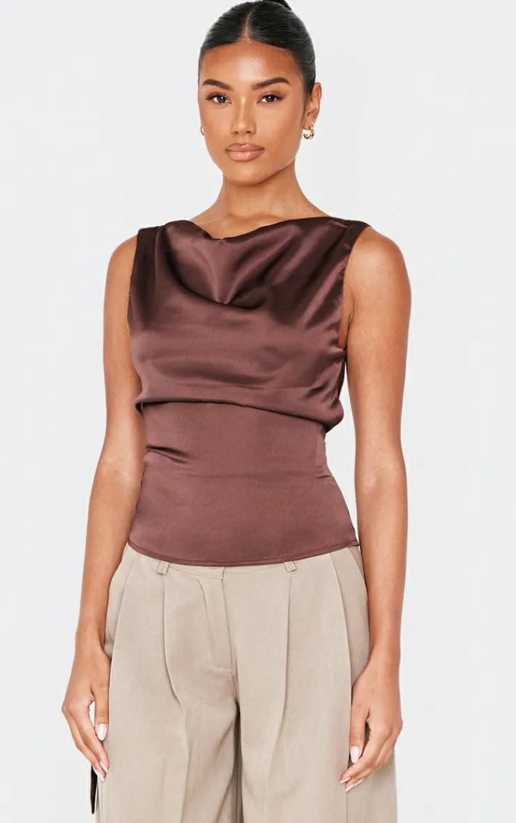 Chocolate Satin Backless Long Top-PrettyLittleThing