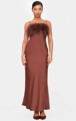 Chocolate Satin Feather Bust Detail Maxi Dress-PrettyLittleThing Outlet