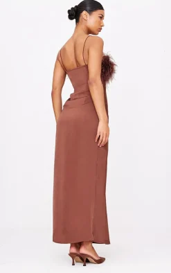 Chocolate Satin Feather Bust Detail Maxi Dress-PrettyLittleThing Outlet
