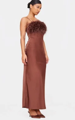 Chocolate Satin Feather Bust Detail Maxi Dress-PrettyLittleThing Outlet