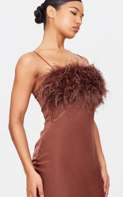 Chocolate Satin Feather Bust Detail Maxi Dress-PrettyLittleThing Outlet