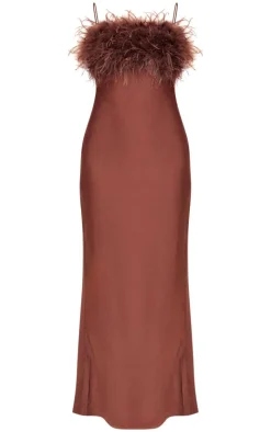 Chocolate Satin Feather Bust Detail Maxi Dress-PrettyLittleThing Outlet