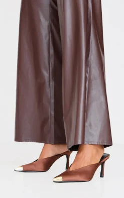 PrettyLittleThing Mules*Chocolate Satin Gold Toe Cap Point Toe Heeled Mules