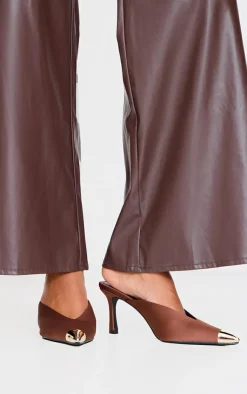 PrettyLittleThing Mules*Chocolate Satin Gold Toe Cap Point Toe Heeled Mules