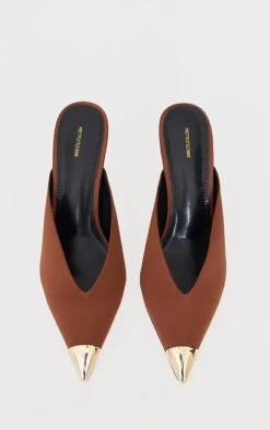 PrettyLittleThing Mules*Chocolate Satin Gold Toe Cap Point Toe Heeled Mules