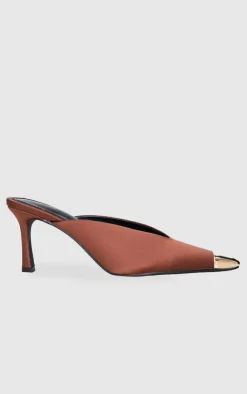 PrettyLittleThing Mules*Chocolate Satin Gold Toe Cap Point Toe Heeled Mules